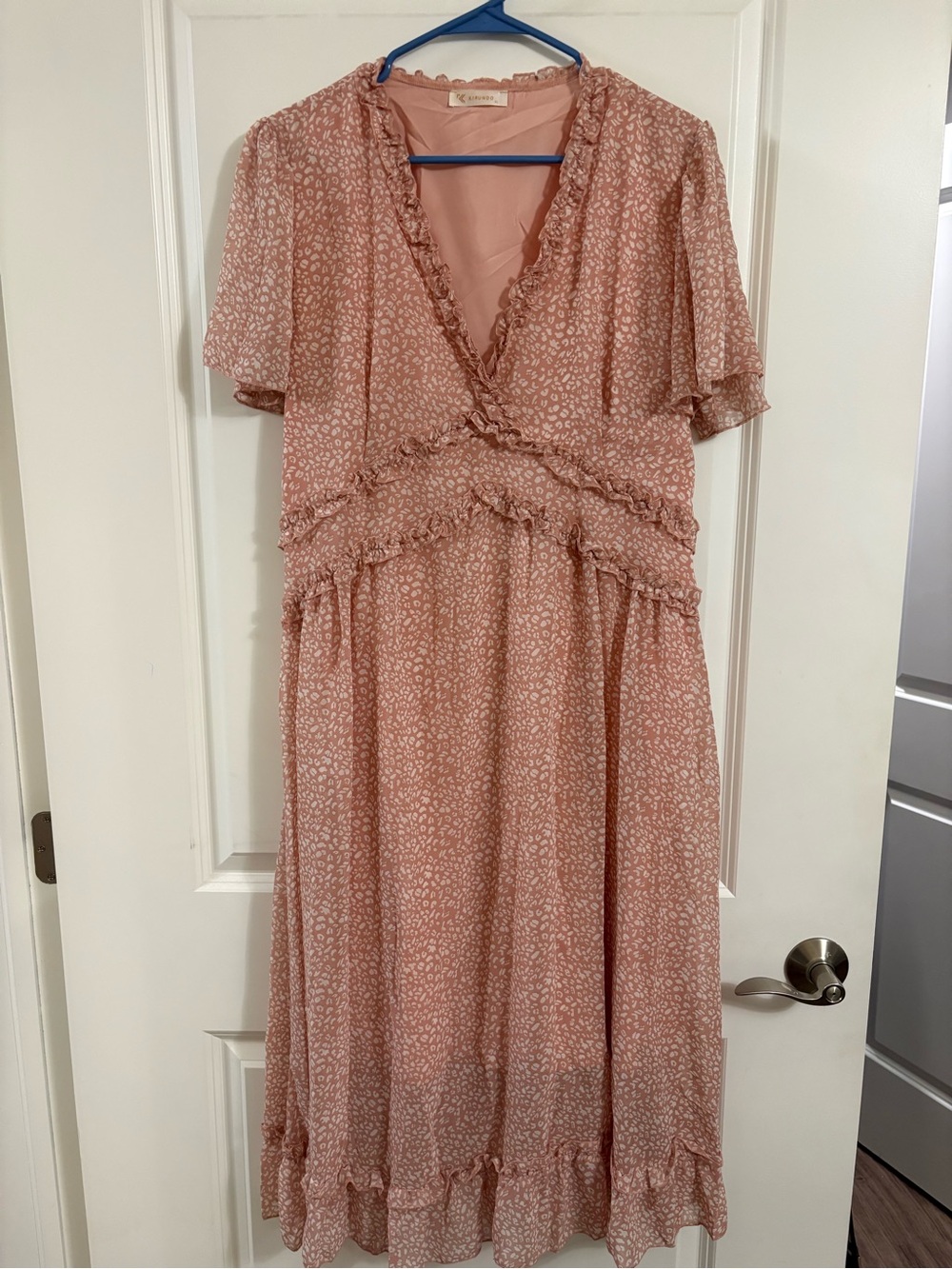 Romantic Blush Leopard Print Ruffle Midi Dress